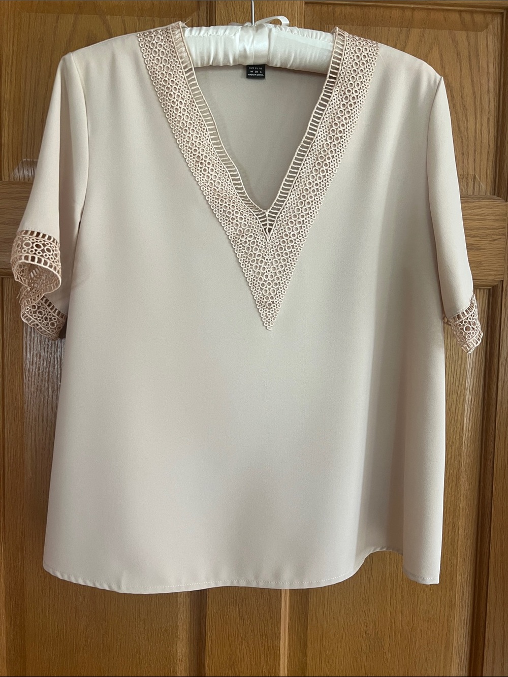SHEIN Tan V-Neck Blouse with Crochet Trim